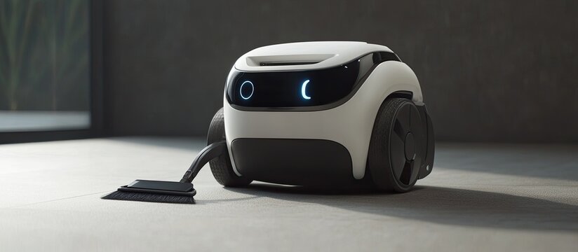 Sleek AI Cleaning Robot with Winking Blue Eyes on a Modern Concrete Floor