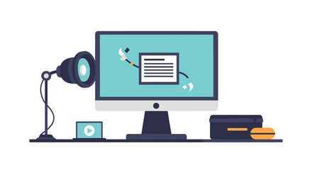 Computer screen with document and desk lamp illustration.