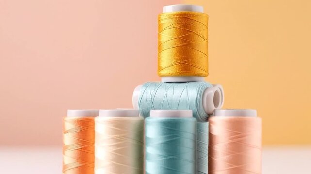 Colorful spools of thread arranged in a pyramid shape against a soft background, showcasing sewing supplies.