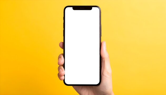 Hand holding a smartphone mockup with a blank screen against a vibrant yellow background, perfect for app promotion