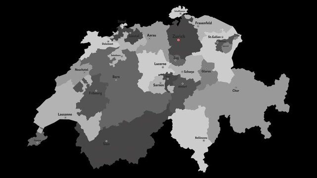 Vector map of Switzerland with names of cities and with borders city