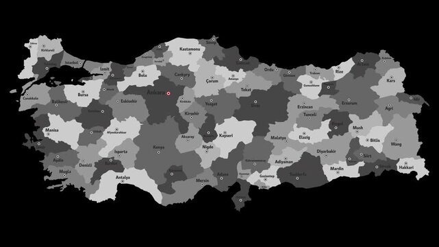 Vector map of Turkey with names of cities and with borders city