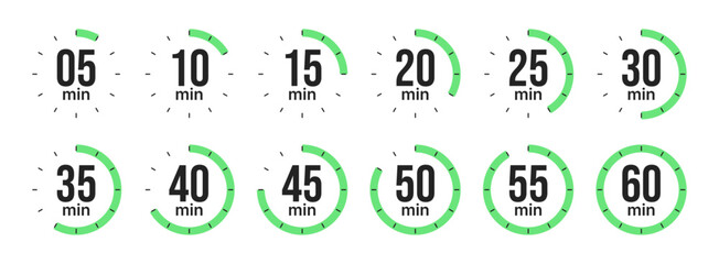 Countdown timer icons from 5 to 60 minutes for productivity