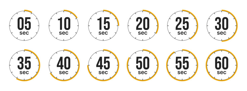 Countdown timer icons set from 5 to 60 seconds for time management