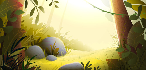 Fototapeta premium Colorful woodland empty clearing with rocks on grass lit with sunlight rays in summer. Warm magical woodland environment, peaceful scenery for kids. Vector cartoon background for children fairytale.