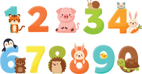 Cute Animal Numbers Vector Illustration Featuring Cartoon Wildlife Characters with Colorful Digits for Kids Learning © Sujon Shah