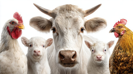 Farm animal cow goat lamb chicken rooster white background livestock rural agriculture domestic mammal bird horn fur feather beak ear eye nose