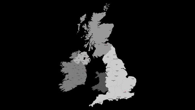 Vector map of United Kingdom with names of cities and with borders city