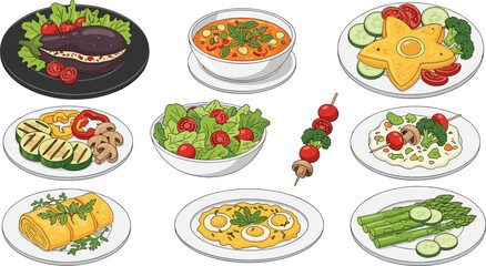 Healthy Breakfast and Lunch Dishes Vector Illustration Set Featuring Omelette Salad Soup Asparagus and Gourmet Plates