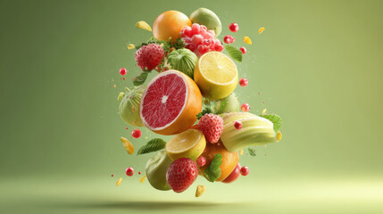 Floating citrus fruit splash energy, fresh grapefruit lemon lime, healthy diet nutrition concept