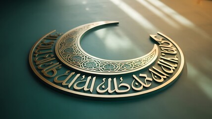Obraz premium Golden Islamic Calligraphy Crescent Moon Emblem image