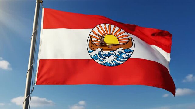 Waving Red River M&eacute;tis flag with canoe emblem against blue sky