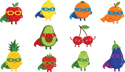 Fototapeta premium Cute Superhero Fruit Characters Vector Illustration Set Featuring Apple Lemon Orange Avocado Pineapple and Berry Mascots