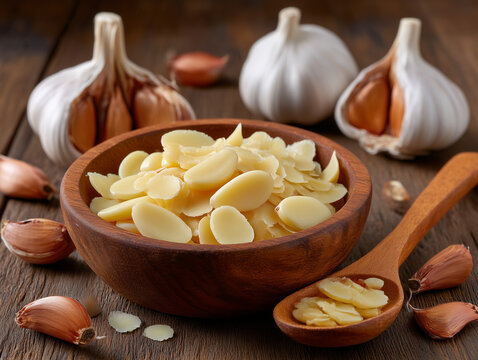 Sliced garlic in wooden bowl with whole garlics in background