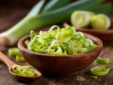 Sliced leek in wooden bowl with whole green leeks in background	
