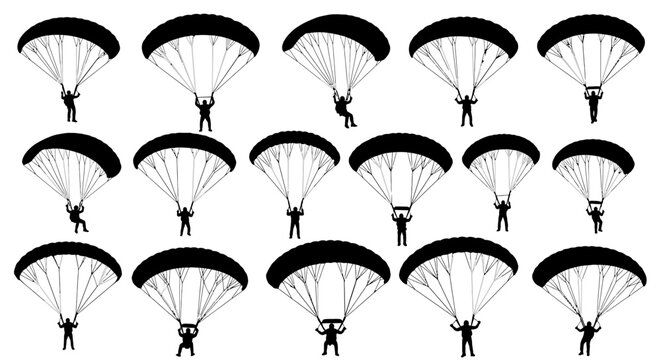 Multiple skydivers descending with parachutes in formation.