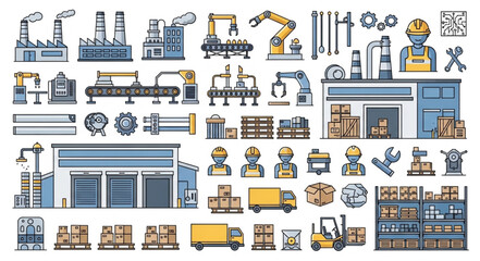 Industrial factory and warehouse icons representing manufacturing and logistics processes.