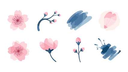 hand drawn cherry blossom flower and branch set with watercolor style blue brush strokes