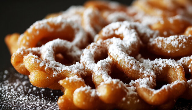 Powdered Sugar Funnel Cake Close Up on Dark Background
