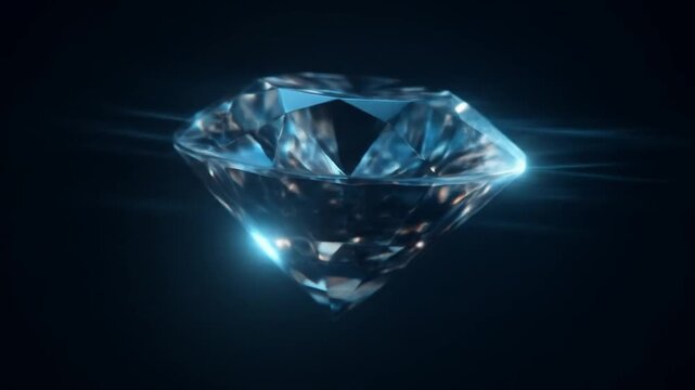Brilliant cut diamond with sparkling facets and glowing blue light flares. Precious gemstone on a dark background, symbolizing luxury.