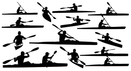 Naklejka premium Silhouettes of people paddling kayaks in various positions.