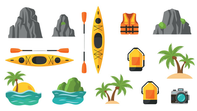 kayaking adventure set with kayak paddle life vest rocks islands palm trees and camera flat style
