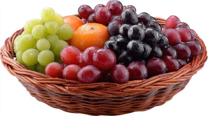 Basket with Green Purple and Red Grapes and Orange Fruits Against White Background