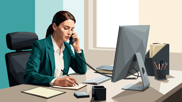 businesswoman talking on phone and writing notes at office desk in low poly style