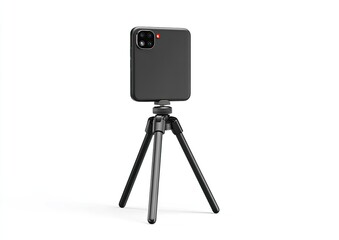 A black smartphone sits on a black tripod, with a red light, against a white background