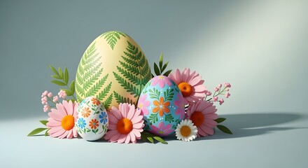 Easter sunday celebration with colorful eggs and flowers