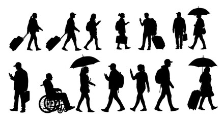 Fototapeta premium Collection of silhouetted people walking with various accessories.