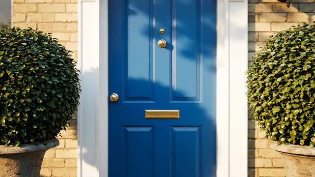 Residential entryway with a bright blue door and green shrubs