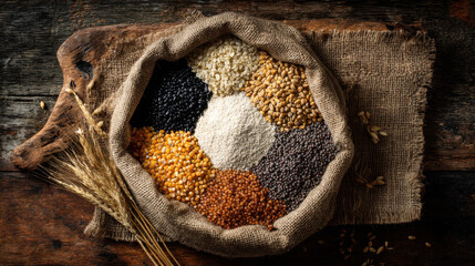 Organic grain ingredient commercial style rustic grain cereal seed assortment agriculture food ingredient harvest nutrition Rustic organic grain