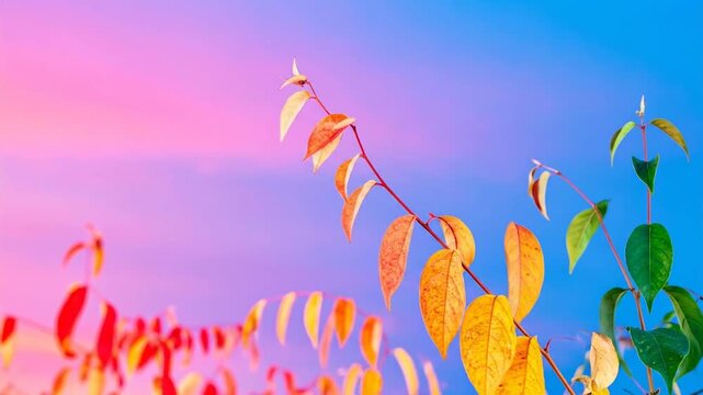 Vibrant autumn leaves against a gradient sky, showcasing the beauty of nature's colors and textures.
