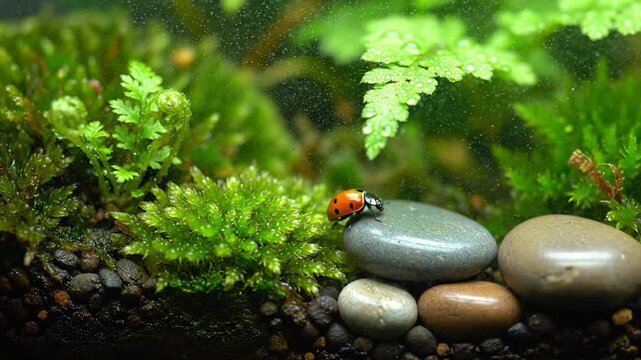 A ladybug sits on lush green moss in a miniature habitat