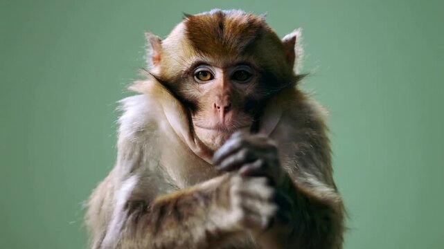 Close-up portrait of a monkey sitting with hands clasped, looking directly at the camera against a muted green background with soft lighting.