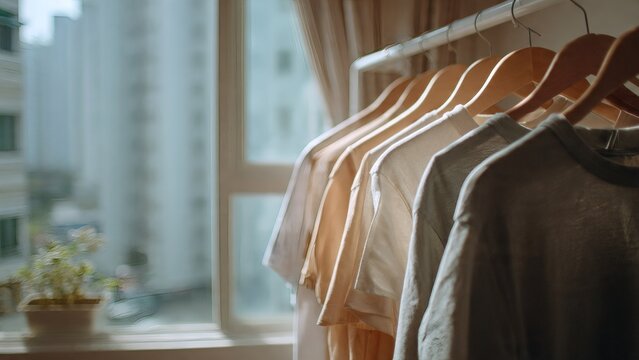Soft cotton t-shirts and sweaters hanging on a wooden rack by the window with soft sunlight illuminating the scene