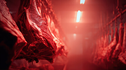 Meat beef carcass slaughterhouse butcher slaughter raw red hanging beef meat carcass slaughterhouse corridor red light, raw scene cold storage