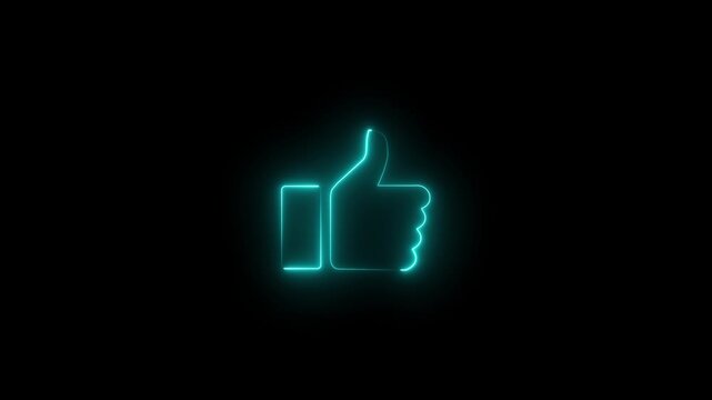 Glowing neon line like button icon animation. Social media like increasing animated like button. Neon line Hand thumb up icon isolated animation on black background.