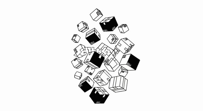 A cluster of various sized cardboard boxes tumble and float in space