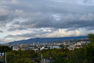 Sunset over Tbilisi and the Caucasus Mountains