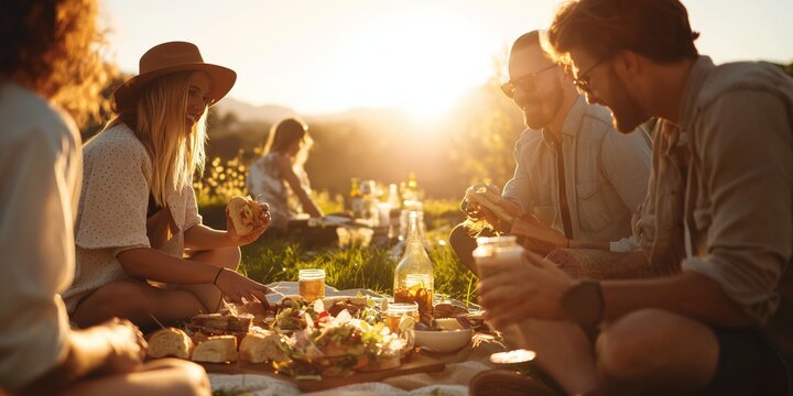 Friends enjoy a picnic on a sunny day in a grassy field during late afternoon hours