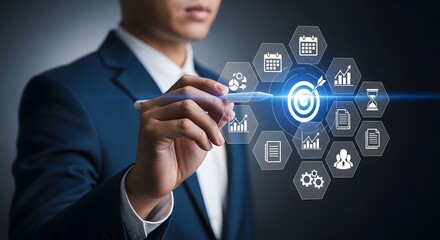 Corporate Technology Strategy Interface with Digital Icons and Business Innovation Concept