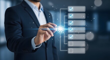 Businessman Touching Digital Checklist Interface for Task Management and Corporate Strategy