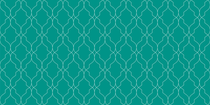 Vector abstract geometric seamless pattern in oriental arabesque style. Elegant turquoise background with white curved lines, shapes, grid. Modern ornament texture. Repeated design for decor, textile