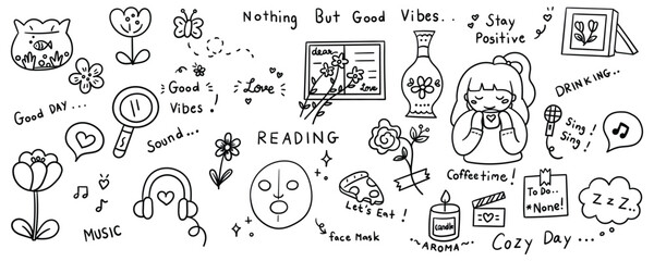 Hand drawn lifestyle and self care icons set featuring woman drinking coffee headphones face mask candle and flowers for cozy home hobby and relaxation concept vector design.