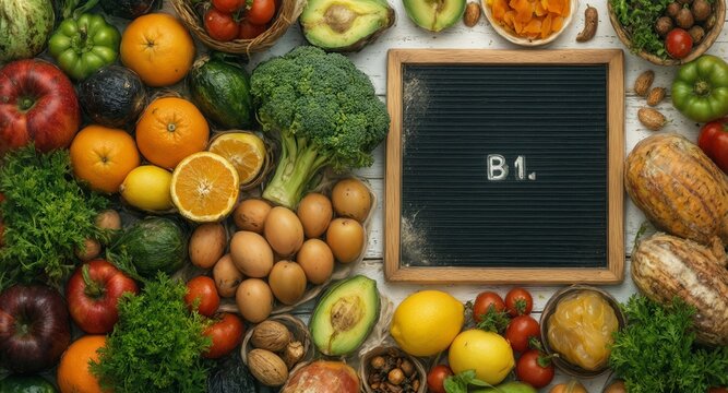 vitamin b1 rich foods with fresh fruits, vegetables and eggs on wood.