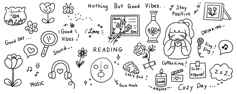 Hand drawn lifestyle and self care icons set featuring woman drinking coffee headphones face mask candle and flowers for cozy home hobby and relaxation concept vector design.