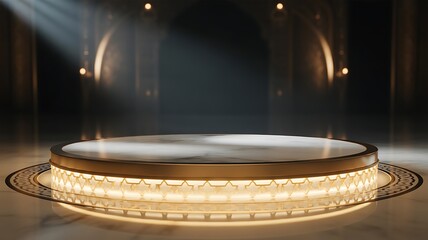 Luxurious Golden Podium with Marble Top and Illuminated Geometric Base