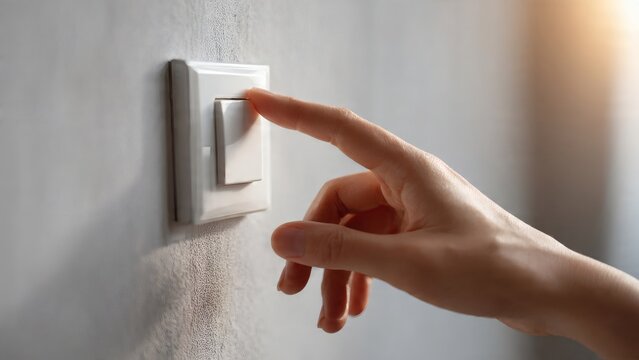 Close-up of a person's hand pressing a contemporary white light switch on a neutral wall, symbolizing energy management, daily power usage, and household efficiency